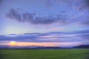 夕暮れに染まる田舎の風景