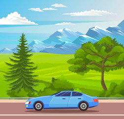 Fashionable blue modern car rides on picturesque road. Mountains, rocks, coniferous and deciduous trees, hills and fields in the background. A race car rides on a country road. Highway out of town