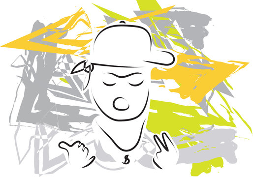 contour line of a boy head wearing cap and bandana in a rapper pose isolated on white background with colorful paint strokes in urban graffiti style