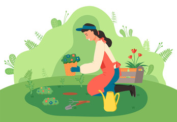 Obraz na płótnie Canvas Young girl gardener sits on her knees and plants flowers in the garden. Watering can, shovel, rake on the ground. Attraction and accumulation of capital. Urban gardening, floristry, landscaping