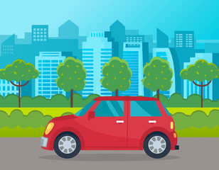Red small car, electric motor, eco friendly transport. Green city park, trees, bushes, houses and buildings on the background. Car sharing, economy and ecology. Flat vector cartoon illustration