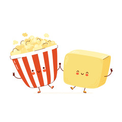 Cute happy popcorn and butter character - obrazy, fototapety, plakaty