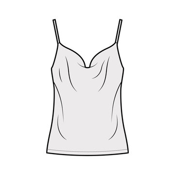 Camisole technical fashion illustration with vintage-inspired cowl neckline, relaxed fit, tunic length. Flat outwear tank apparel template front, grey color. Women, men unisex shirt top CAD mockup