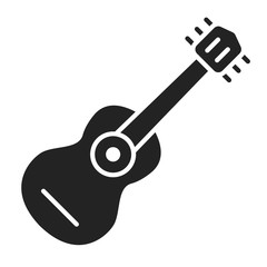 Acoustic guitar glyph black icon. String musical instrument. Home leisure. Outline pictogram for web page, mobile app, promo. 