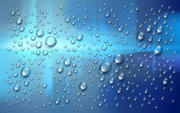 Water rain drops or condensation over blurred night city background beyond the window, realistic transparent 3d vector illustration, easy to put over any background.