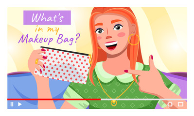 Young beautiful girl recording video about her makeup bag. Videoblogger. Fashion beauty blogger. Online channel concept, girl video streamer. Woman red haired talks about beauty tips and tricks