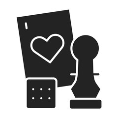 Board games black glyph icon. Home leisure. Different gaming pieces. Isolated vector element. 