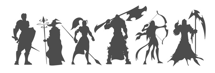 Set of black silhouette fantasy characters, video game classes