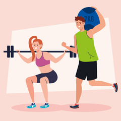 Fototapeta na wymiar young couple practicing exercise, recreation sport concept vector illustration design