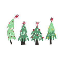 Cute set of 4 various shapes Christmas tree with decoration balls and stars, bells, candy canes. Hand drawn illustration