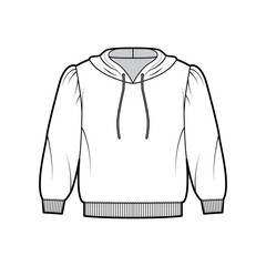 Cropped cotton-jersey hoodie technical fashion illustration with loose fit, puffed shoulders, elbow sleeves, ribbed trims. Flat jumper template front white color. Women men unisex sweatshirt top