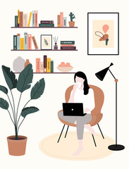 A girl sits in a armchair and works on a laptop. Home Office. Work at home or freelance. A young woman is studying at home. Freelancer lifestyle. Home schooling. Modern flat vector illustration
