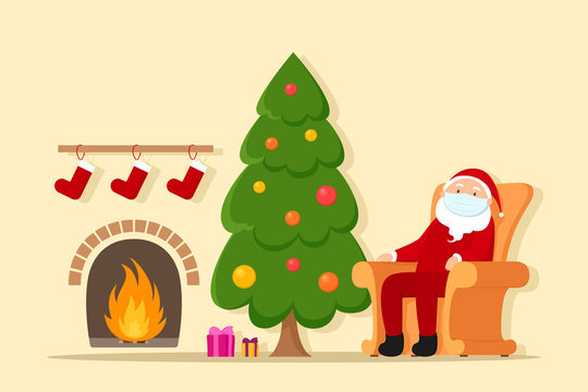 Santa Claus in medical mask sits in armchair near fireplace. Vector illustration.