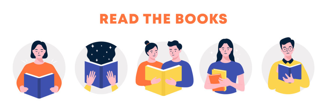 Man and woman hold a book in their hands, Reading people set, World Book Day, Book festival, Portraits of various readers characters, Read more books, Horizontal banner, flat vector illustration.