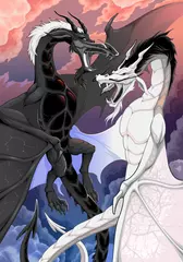 Poster Twee tegenovergestelde draken vechten tegen elkaar. Vector fantasie illustratie © ddraw