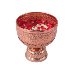 Copper gold color water bowl with floating flowers in Thai style