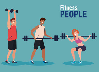 Fototapeta na wymiar fitness people, group of young people practicing exercise with dumbbells and weight bar vector illustration design
