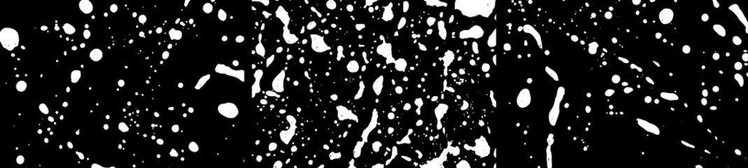 Grunge stains backgrounds set. Ink splatter. Paint splashes detailed backdrop. Liquid stains. Soap foam texture. Paint brush strokes and drops. Abstract vector illustration.