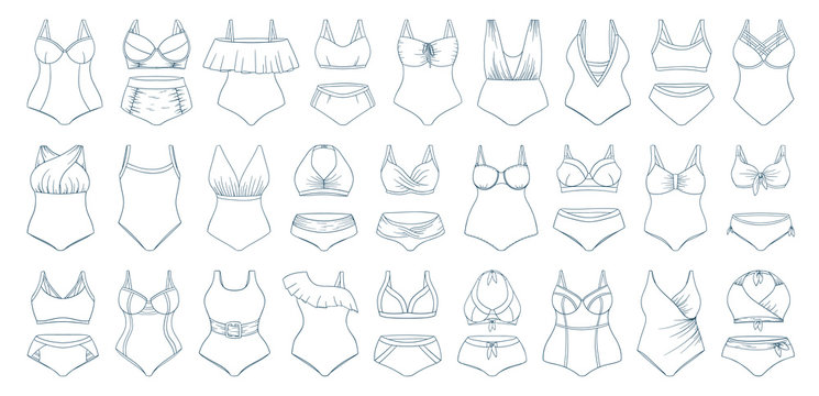 Swimming suits set. Doodle bikini collection. Plus size and curvey ladies swimsuits. Modern and classic style swimwear sketches. Swimwear fashion for all body types.
