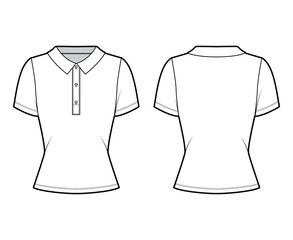 Polo shirt technical fashion illustration with cotton-jersey short sleeves, fitted body, buttons along the front. Flat outwear apparel template front, back, white color. Women men unisex top mockup