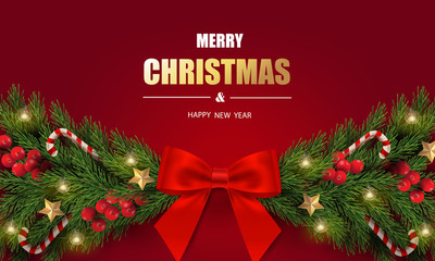 Merry Christmas and Happy New Year. Christmas greeting card made by tree branches with bow, berries, gold stars, candy canes and decorated in red background.	
