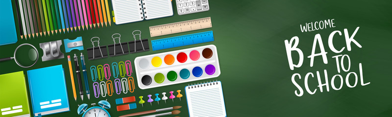 Green school board banner background with colorful bright education 3d realistic supplies. Design for advertisement, magazine, book, website header. Vector illustration.