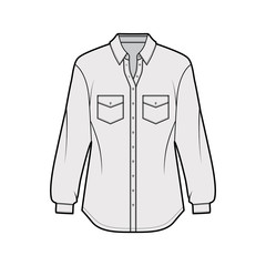 Classic shirt technical fashion illustration with angled pockets, long sleeves, relax fit, front button-fastening, regular collar. Flat apparel template front, grey color. Women men unisex top CAD