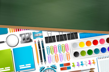 School supplies on white background behind green chalkboard with wooden frame, free space for text. Vector illustration.