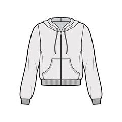 Zip-up cotton-fleece hoodie technical fashion illustration with relaxed fit, long sleeves, ribbed trims, front pocket. Flat jumper apparel template front, grey color. Women, men, unisex sweatshirt top