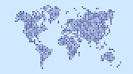 World map pixel design on blue background , Vector image . 