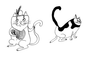 Simple and minimal cat ink drawing. Two cats in comic illustration art style