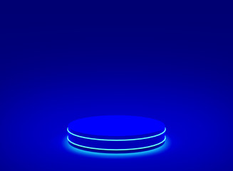 3d blue neon light cylinder podium minimal studio blue dark background. Abstract 3d geometric shape object illustration render. Display for technology product.