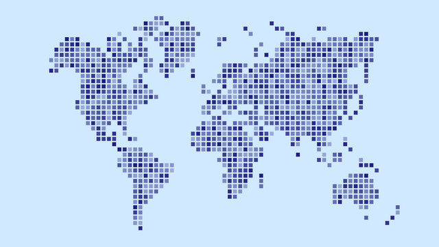 World map pixel design on blue background , Vector image . 