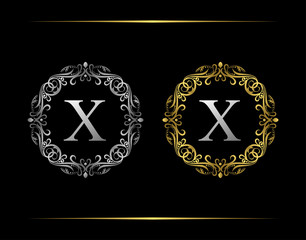 Graceful Badge X Letter Logo. Luxury emblem with beautiful classy floral ornament. Vintage Frame design Vector illustration.