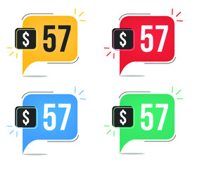 57 dollar price. Yellow, red, blue and green currency tags with speech balloon concept vector.