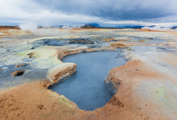 Iceland. Steaming pools and mudpots. The Namafjall (Hverir) Geothermal Area.