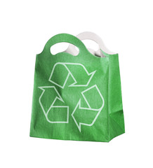 Green paper bag with recycle symbol on a white background