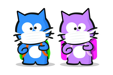 Back to school kitten characters with medical mask and backpack. Vector illustration on white background