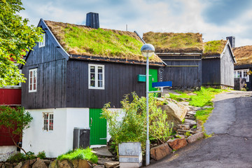 Fototapeta na wymiar Torshavn, Faroe Islands. Morning view of typical turf top houses.