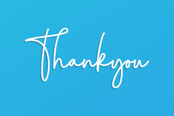 Thank You Lettering White Text Handwriting Calligraphy with Shadow isolated on Blue Background. Flat Vector Illustration Design Template Element for Greeting Cards