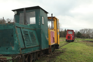 Old diesel locomotives on a railroad siding in a moor