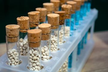 multi-colored granules of micronutrient fertilizer in test tubes in a row