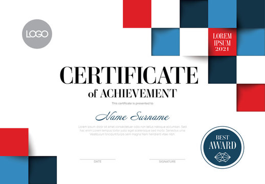Modern Certificate Layout with Blue and Red Mosaic Pattern