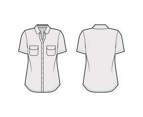 Classic shirt technical fashion illustration with rounded pockets and collar, short sleeves, relax fit, front button-fastening. Flat apparel template front, back grey color. Women men unisex top CAD