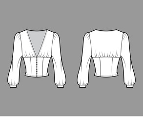 Cropped top technical fashion illustration with long bishop sleeves, puffed shoulders, front button fastenings. Flat apparel shirt template front back white color. Women men, unisex blouse CAD mockup