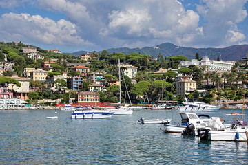 Fototapeta na wymiar Beautiful view to Santa Margherita Ligure city, blue sky and sea in Italy