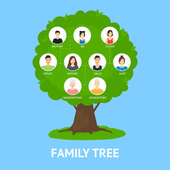 Cartoon Family Tree Infographics Concept Card Poster. Vector