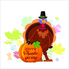A cheerful turkey stands near a pumpkin with the inscription Happy Thanksgiving and surrounded by autumn leaves. Design for greeting card, poster, banner or flyer.