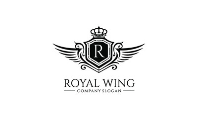 Black on White Royal Wing Logo - Fancy Letter Initial Crest Design - Elegant Vintage Brand Icon - Luxury Wing Monogram Vector Illustration