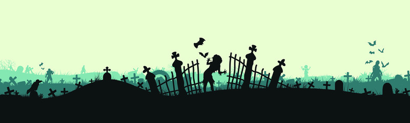 halloween panorama. Cemetery concept with monsters, vampires, werewolves, ghosts. Corpses rise from the graves. Vector. EPS10
